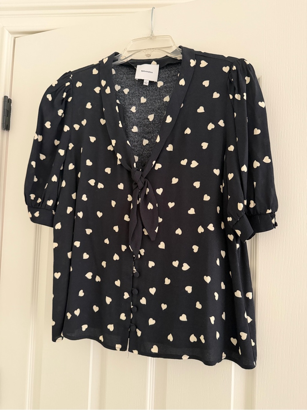 Reformation Heart-Print Tie-Neck Blouse